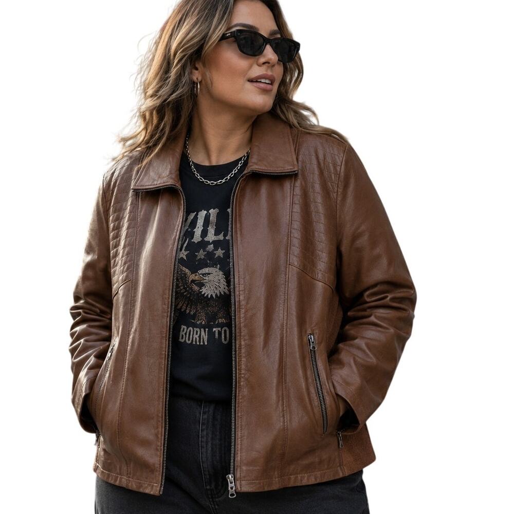 Jild Leather & Plush Jacket Womens Size 2X Brown Full Zip Moto Outdoor Biker